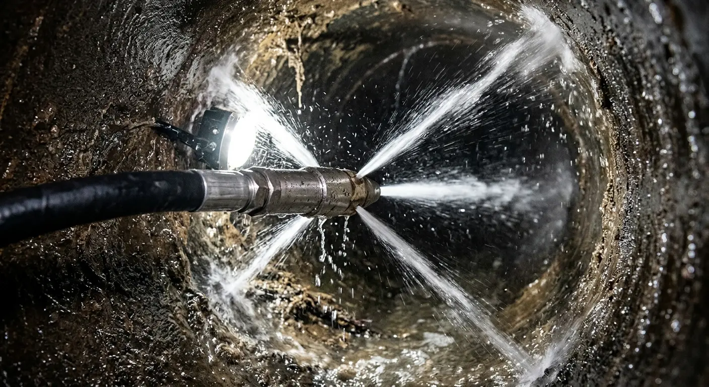High-pressure hydro jetting nozzle cleaning sewer pipe for Trenchless Sewer Repair in Creedmoor