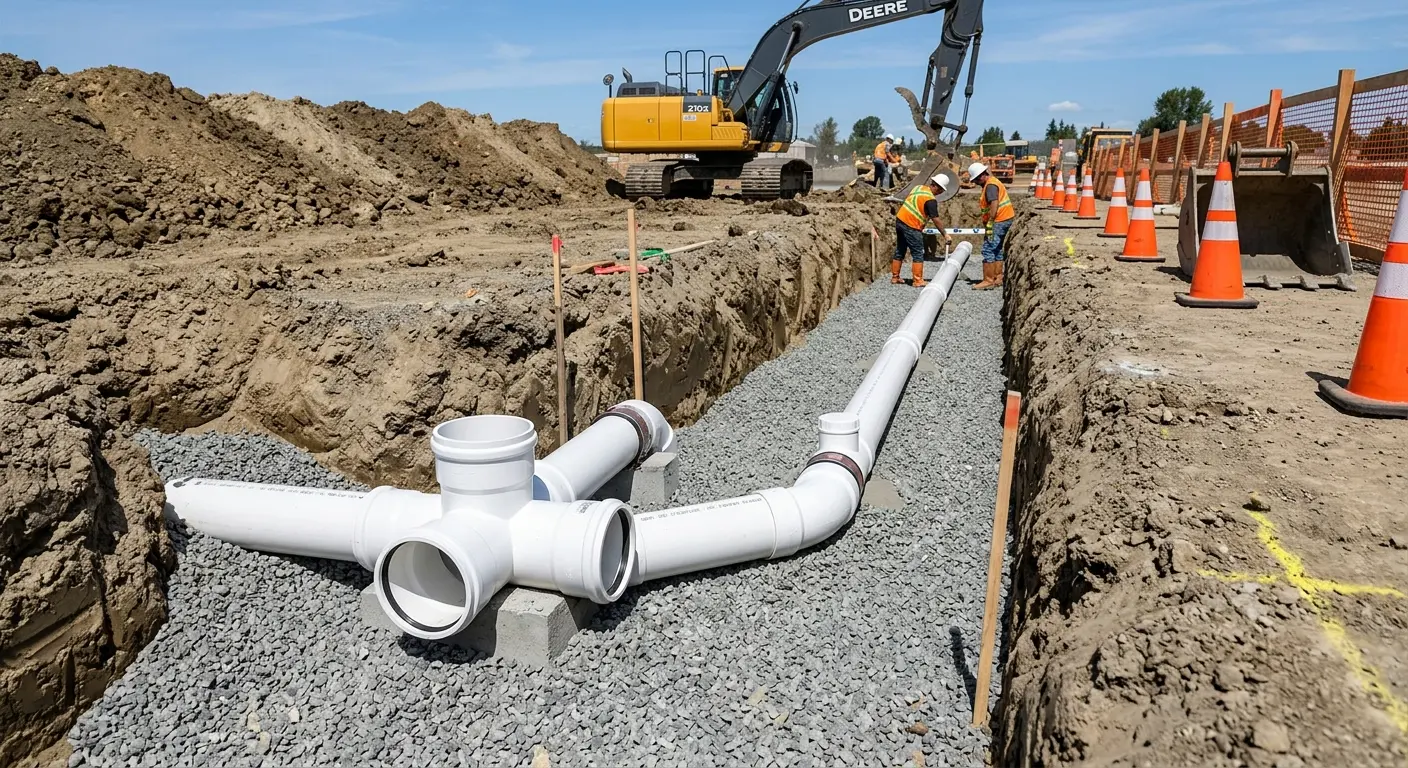 New PVC sewer pipe installation in open trench for Grease Trap Cleaning in Creedmoor