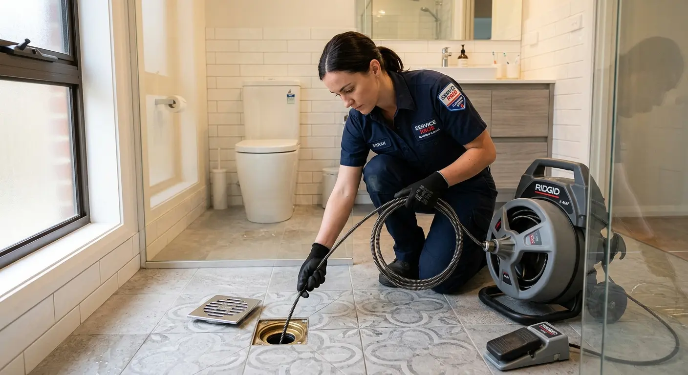 Technician clearing a bathroom floor drain for Sewer Line Installation in Creedmoor